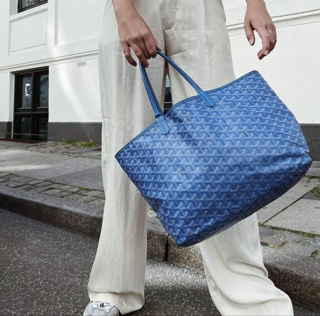 Goyard Blue Saint Louis Tote bag being held by fashionable girl