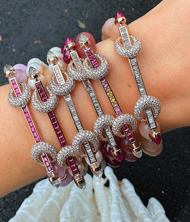 Pink Ananya Chakra Bracelets stacked on a wrist